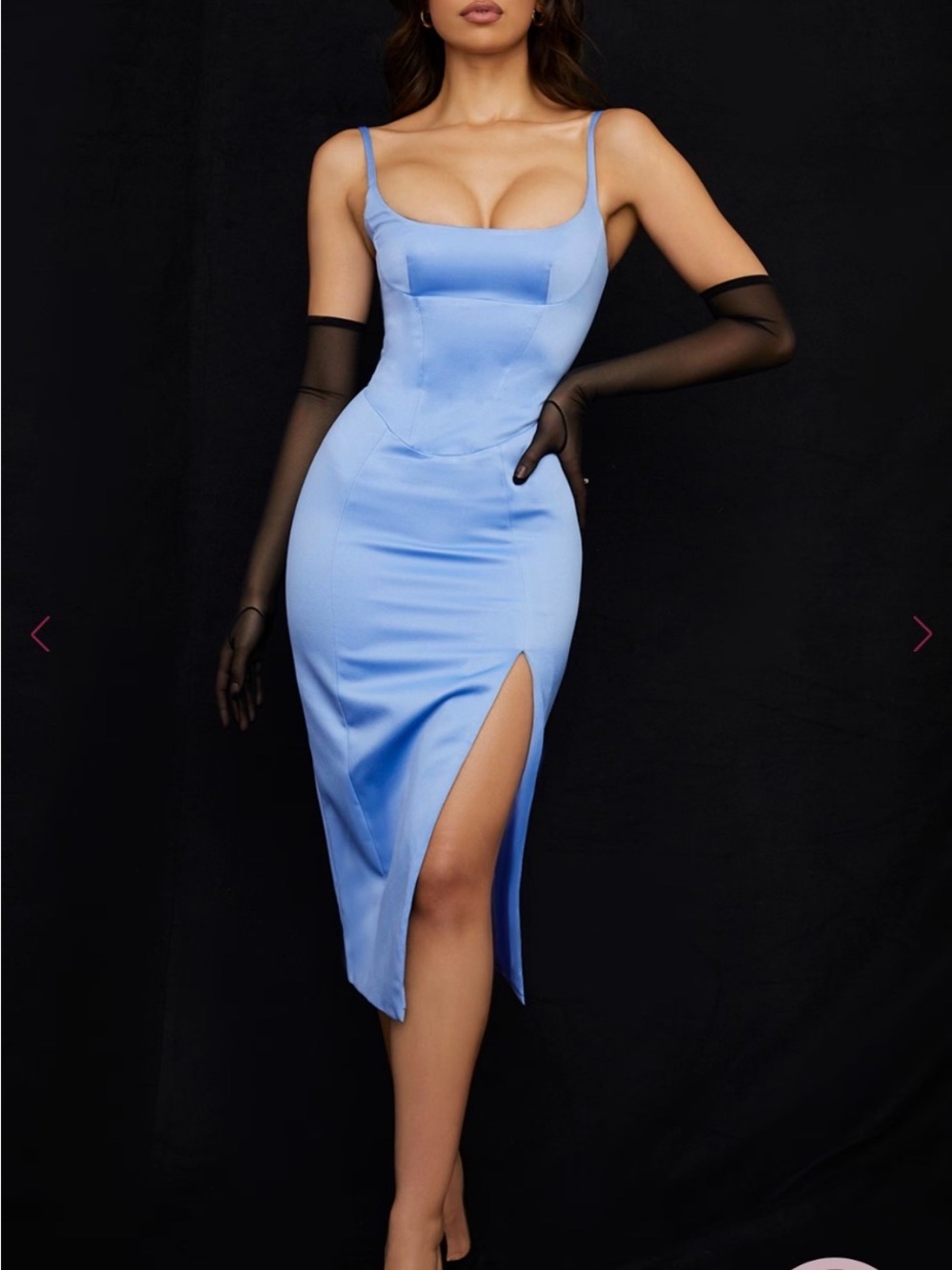 House of CB Blue Satin Square-Neck Midi Dress with Thigh Slit